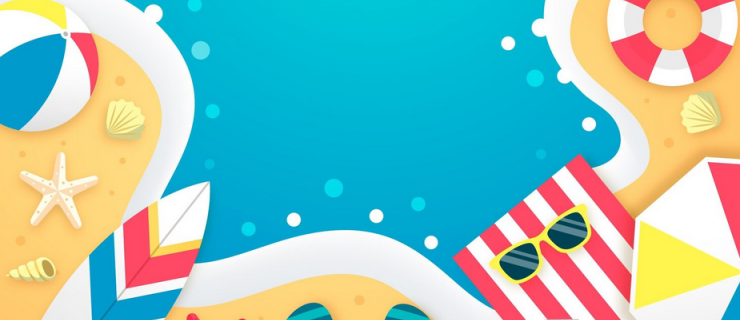 mer, plage avec linge, tongs, planche, ballon et parasol